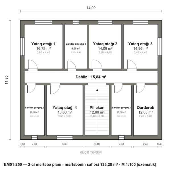 EM51-250 layihəsinin 2-ci mərtəbə planı — 4 yataq otağı