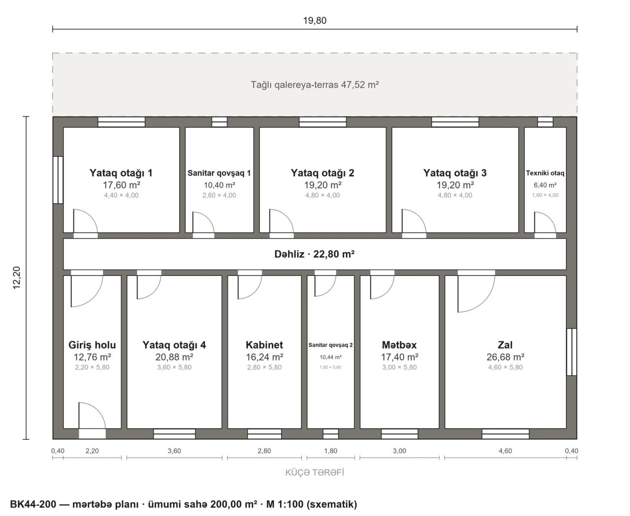 BK44-200 layihəsinin mərtəbə planı — 200 m², 4 yataq otağı