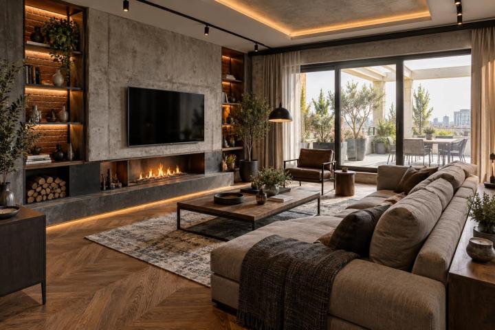 Loft üslubunda qonaq otağı (penthaus, gündüz işığı) — Premium təmir paketi, dizayn vizuallaşdırması
