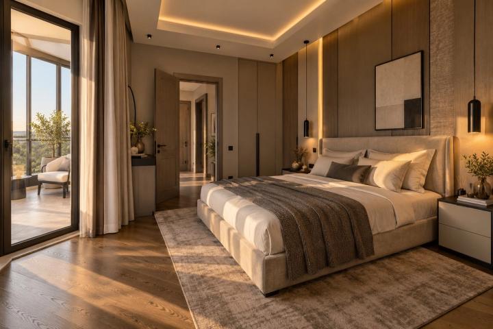 Modern üslubunda yataq otağı (iki mərtəbəli ev, axşamüstü işıq) — Premium təmir paketi, dizayn vizuallaşdırması