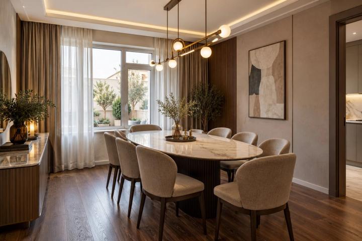 Modern üslubunda yemək zonası (köhnə planlı mənzil, qış gündüzü) — Standart təmir paketi, dizayn vizuallaşdırması