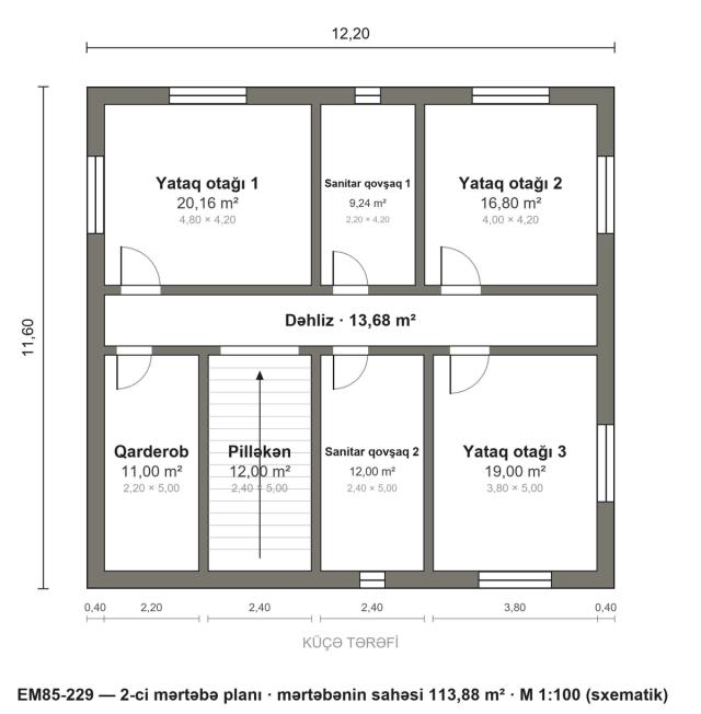EM85-229 layihəsinin 2-ci mərtəbə planı — 3 yataq otağı