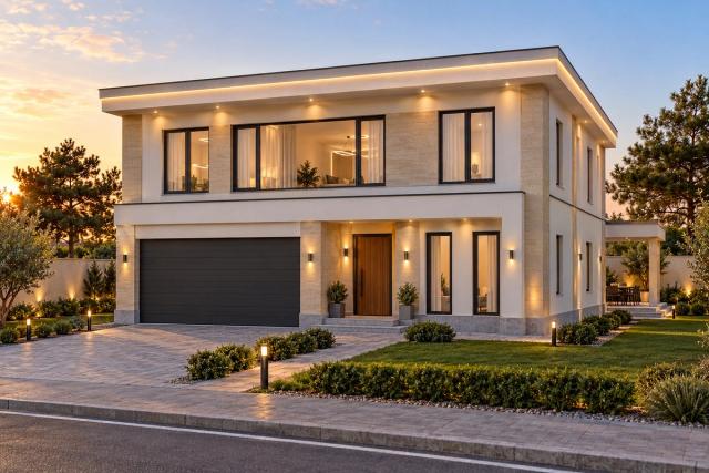 EM74-253 layihəsinin fasad vizuallaşdırması — ikimərtəbəli ev, düz dam
