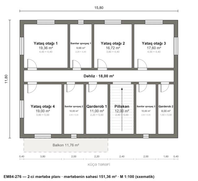 EM84-276 layihəsinin 2-ci mərtəbə planı — 4 yataq otağı