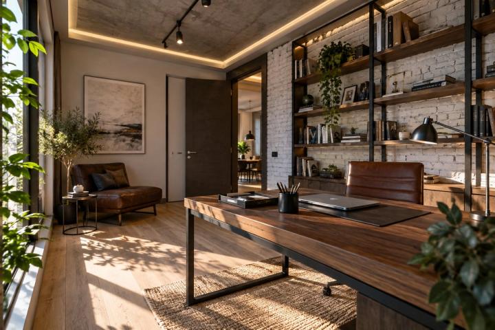 Loft üslubunda kabinet (yaşayış kompleksində mənzil, səhər günəşi) — Standart təmir paketi, dizayn vizuallaşdırması