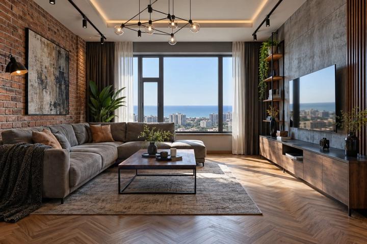Loft üslubunda qonaq otağı (yaşayış kompleksində mənzil, gündüz işığı) — Standart təmir paketi, dizayn vizuallaşdırması
