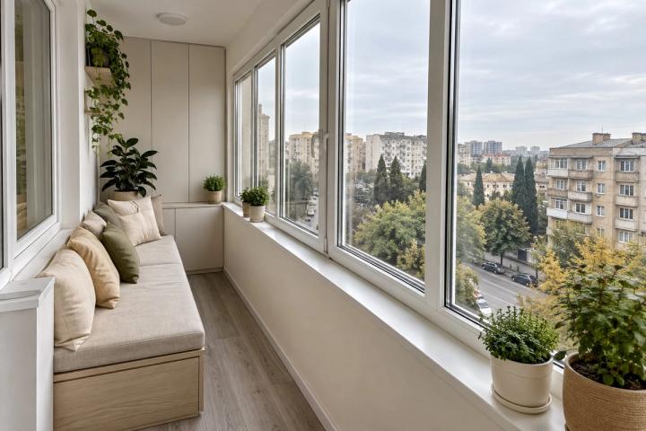 Minimalist üslubunda eyvan (köhnə planlı mənzil, gündüz işığı) — Ekonom təmir paketi, dizayn vizuallaşdırması