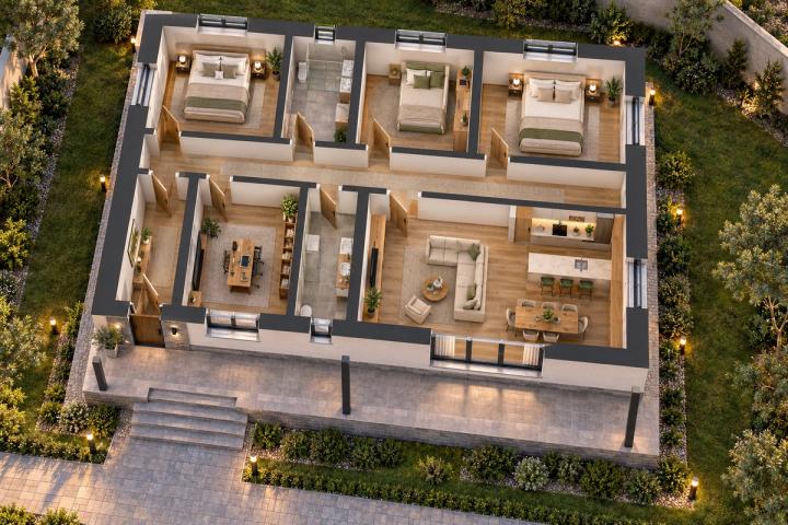 BM14-144 layihəsinin 3D kəsik planı — mebelli otaqlar, vizuallaşdırma