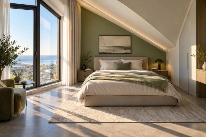 Modern üslubunda yataq otağı (villa, səhər günəşi) — Premium təmir paketi, dizayn vizuallaşdırması