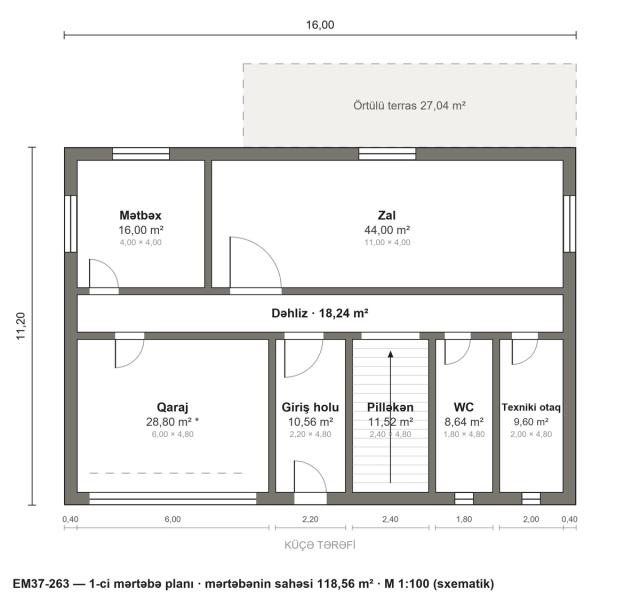 EM37-263 layihəsinin 1-ci mərtəbə planı — 118,56 m²