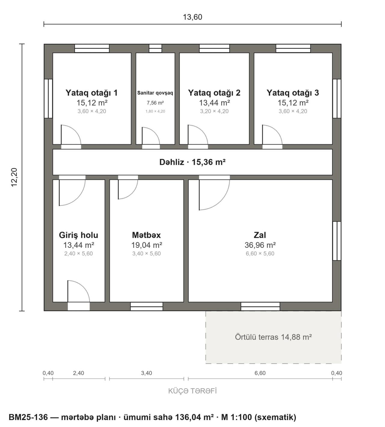 BM25-136 layihəsinin mərtəbə planı — 136 m², 3 yataq otağı