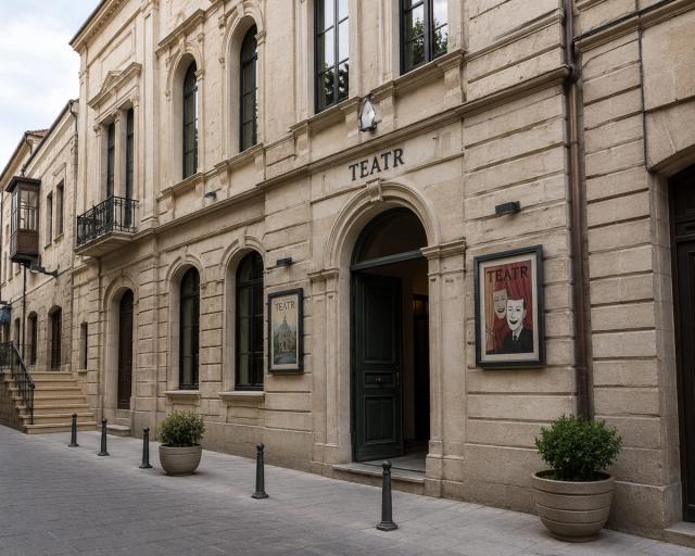 The stone facade of a renovated theatre building — an arched entrance door, the sign reading TEATR and poster boards on the wall
