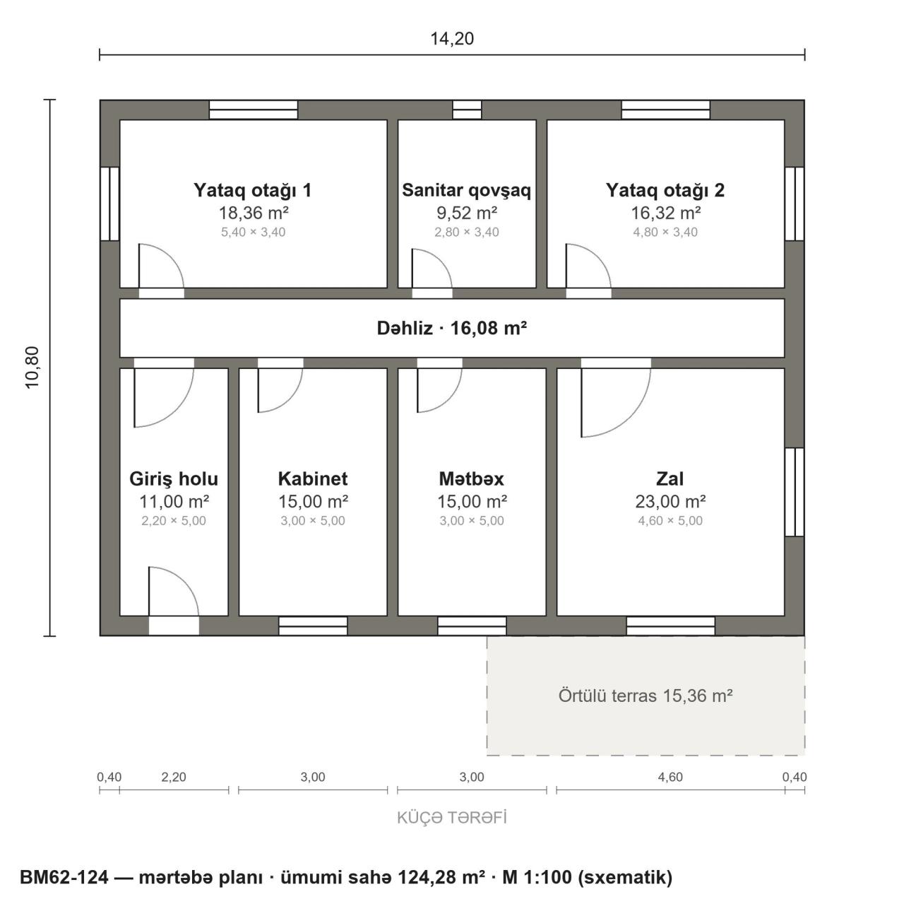 BM62-124 layihəsinin mərtəbə planı — 124 m², 2 yataq otağı