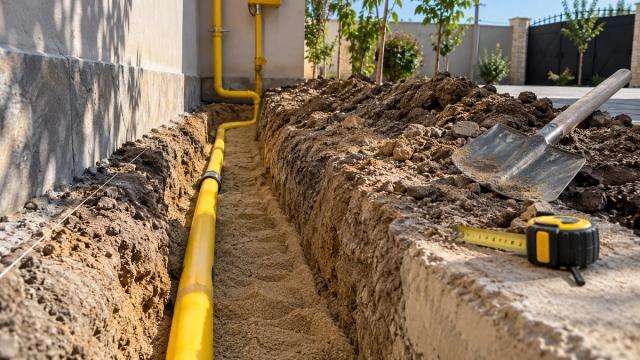 Həyətdə xəndəkdə qum üzərinə döşənmiş sarı polietilen qaz borusu