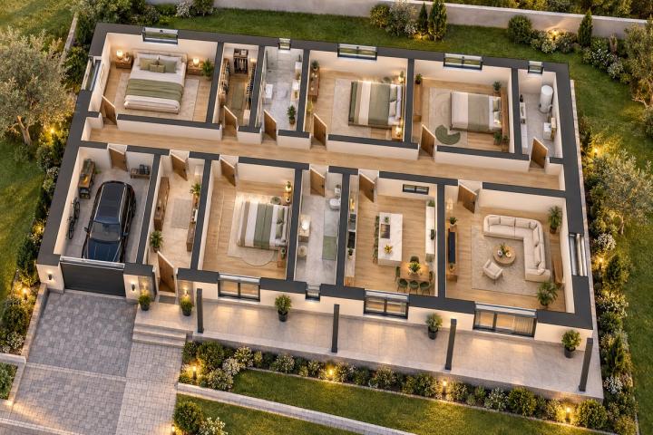 BM99-176 layihəsinin 3D kəsik planı — mebelli otaqlar, vizuallaşdırma
