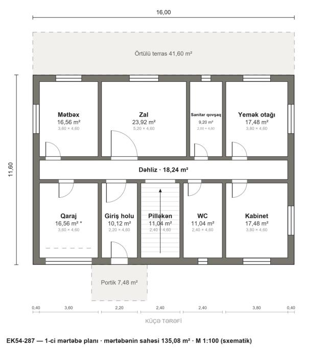 EK54-287 layihəsinin 1-ci mərtəbə planı — 135,08 m²