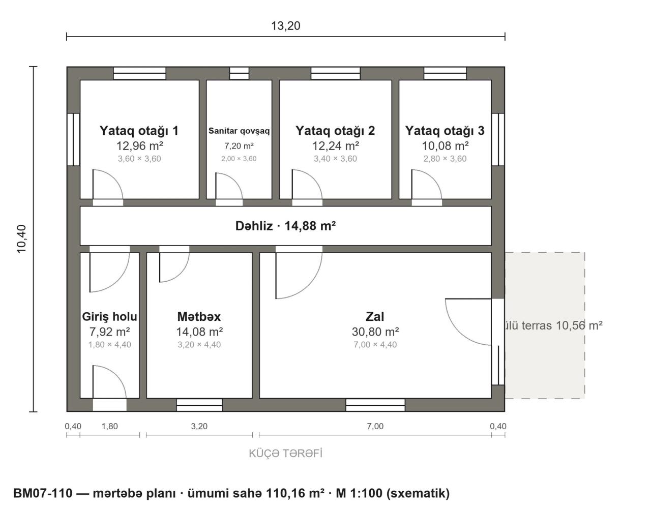BM07-110 layihəsinin mərtəbə planı — 110 m², 3 yataq otağı