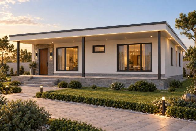 BM14-144 layihəsinin fasad vizuallaşdırması — düz dam, örtülü terras