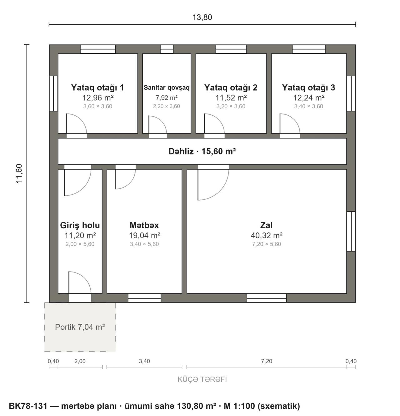 BK78-131 layihəsinin mərtəbə planı — 131 m², 3 yataq otağı