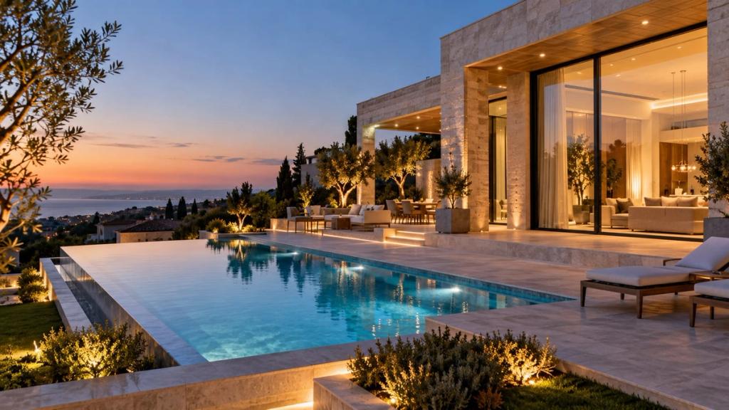 Axşam çağı Abşeronda əhəngdaşı fasadlı və panoram şüşəli premium villa