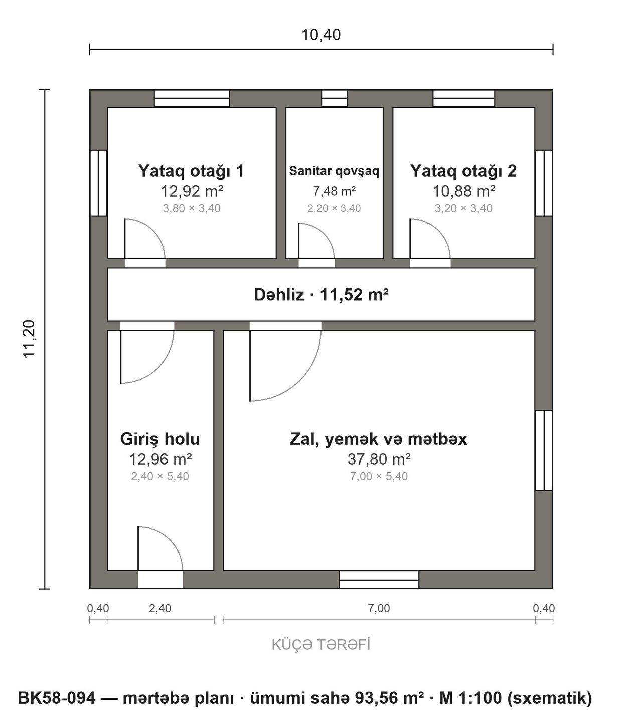 BK58-094 layihəsinin mərtəbə planı — 94 m², 2 yataq otağı