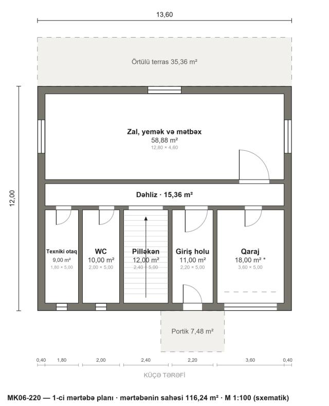MK06-220 layihəsinin 1-ci mərtəbə planı — 116,24 m²