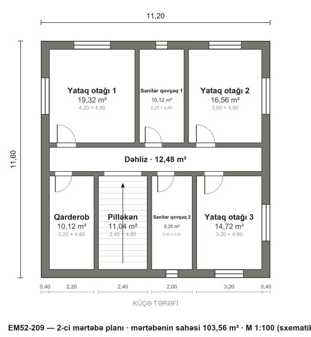 EM52-209 layihəsinin 2-ci mərtəbə planı — 3 yataq otağı