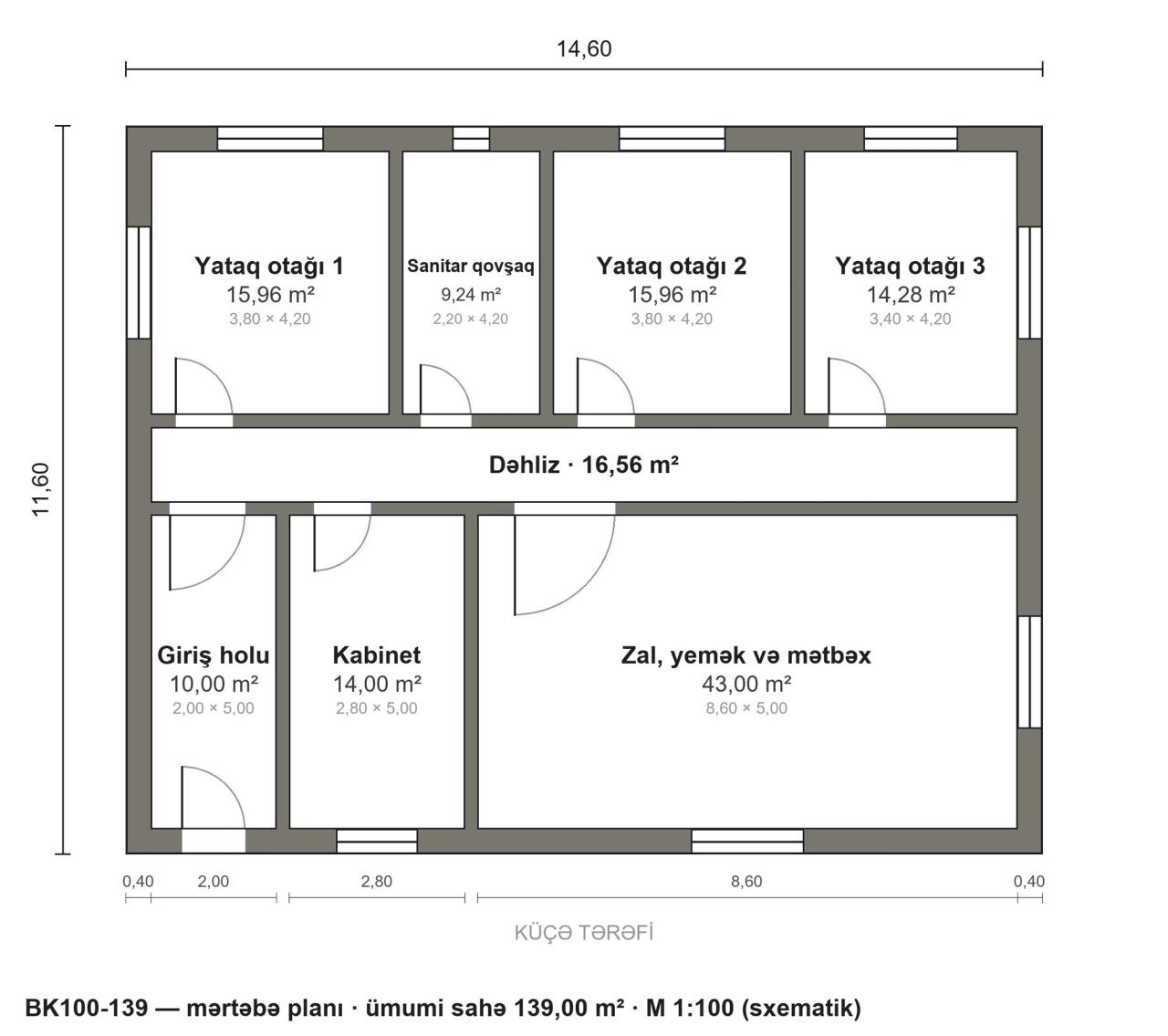 BK100-139 layihəsinin mərtəbə planı — 139 m², 3 yataq otağı