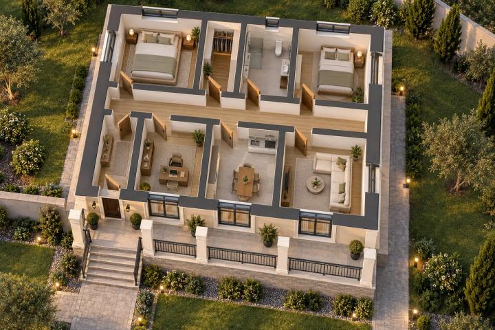 BK06-102 layihəsinin 3D kəsik planı — mebelli otaqlar, vizuallaşdırma