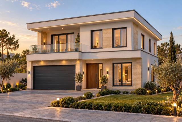 EM73-233 layihəsinin fasad vizuallaşdırması — ikimərtəbəli ev, düz dam