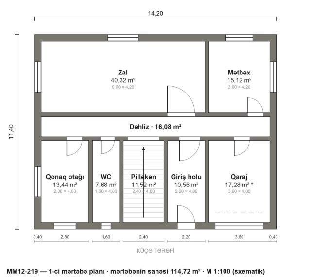 MM12-219 layihəsinin 1-ci mərtəbə planı — 114,72 m²