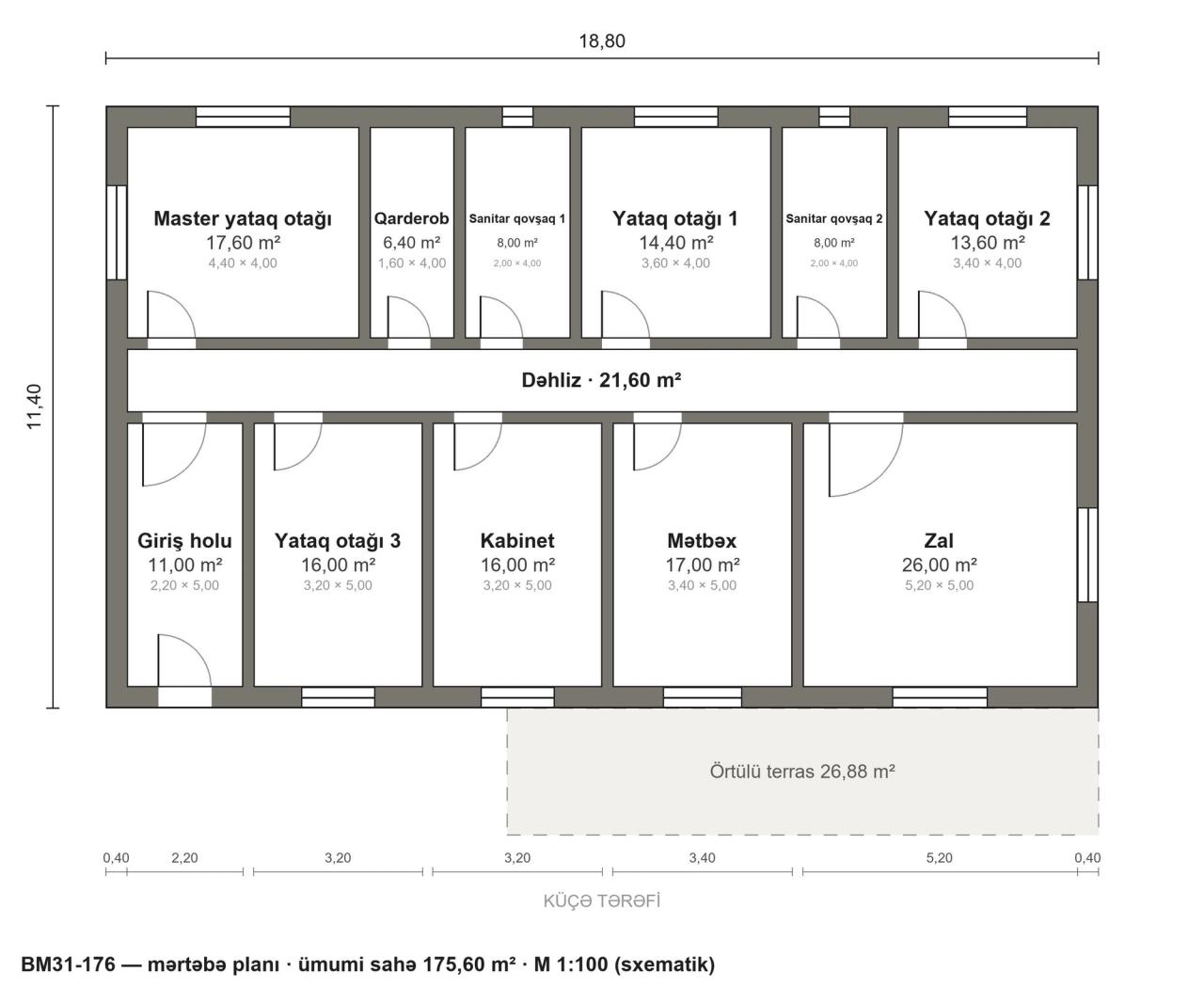 BM31-176 layihəsinin mərtəbə planı — 176 m², 4 yataq otağı