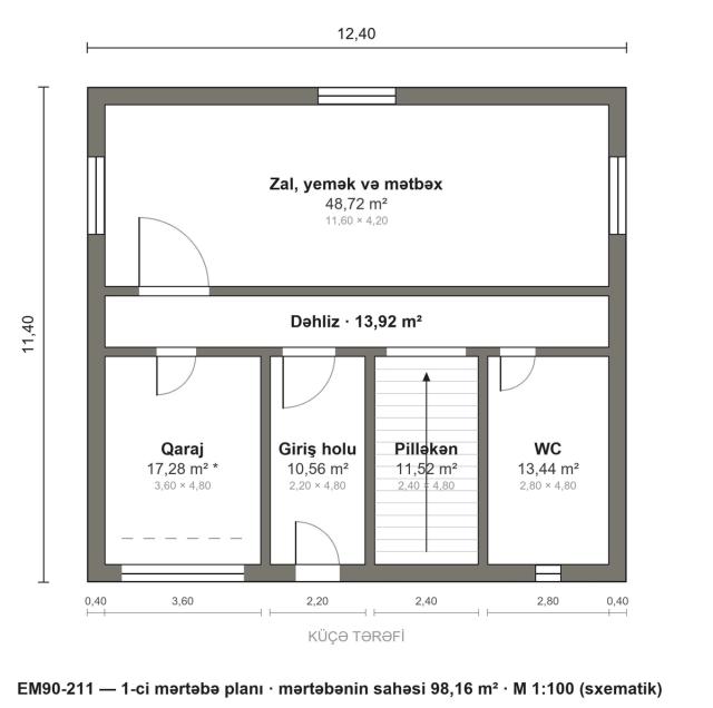 EM90-211 layihəsinin 1-ci mərtəbə planı — 98,16 m²