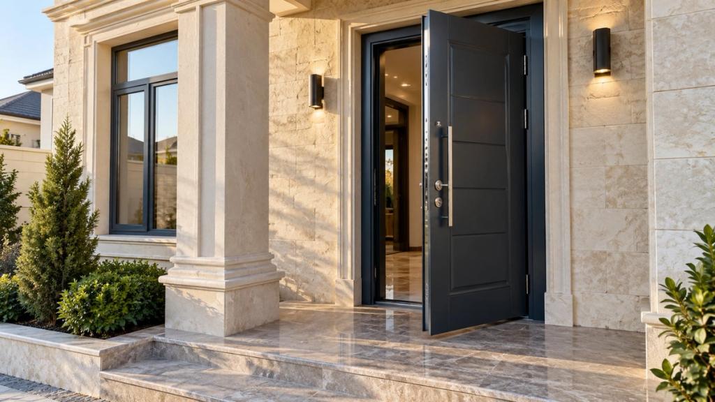 Yeni evin daş fasadında quraşdırılmış metal giriş qapısı