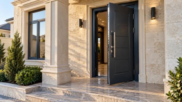 Yeni evin daş fasadında quraşdırılmış metal giriş qapısı