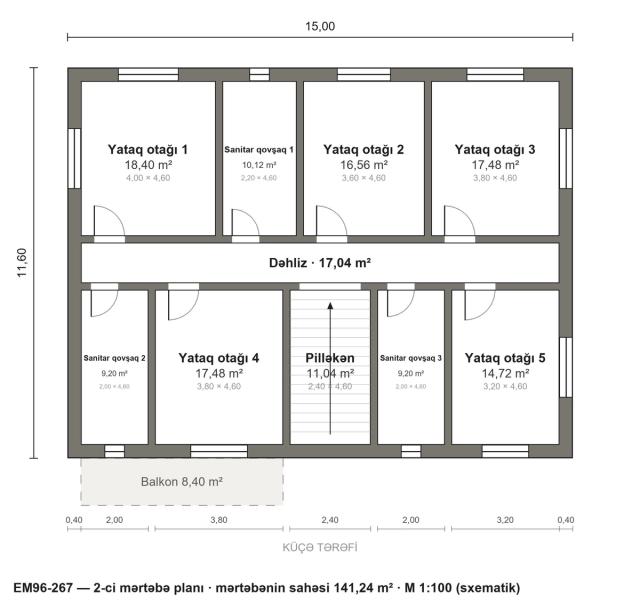 EM96-267 layihəsinin 2-ci mərtəbə planı — 5 yataq otağı