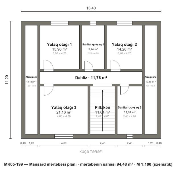 MK05-199 layihəsinin mansard mərtəbəsi planı — 3 yataq otağı