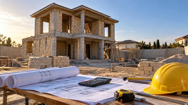 Abşeronda tikilən ev və masada çertyoj, kalkulyator və kaska
