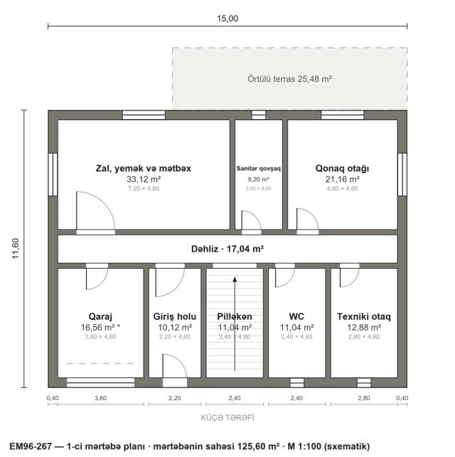 EM96-267 layihəsinin 1-ci mərtəbə planı — 125,60 m²