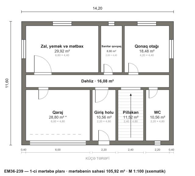 EM36-239 layihəsinin 1-ci mərtəbə planı — 105,92 m²