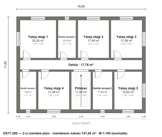 EK77-280 layihəsinin 2-ci mərtəbə planı — 5 yataq otağı