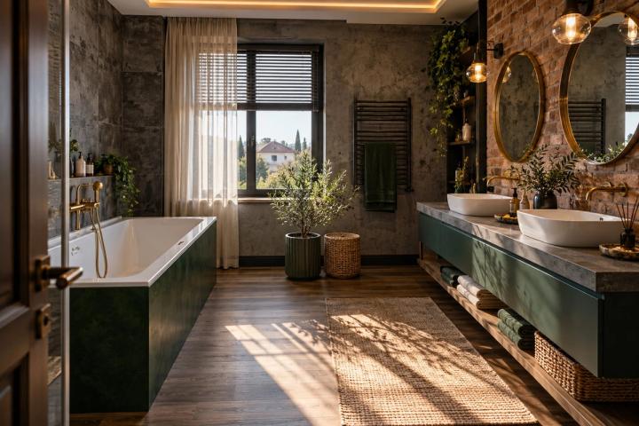 Loft üslubunda sanitar qovşaq (həyət evi, səhər günəşi) — Standart təmir paketi, dizayn vizuallaşdırması