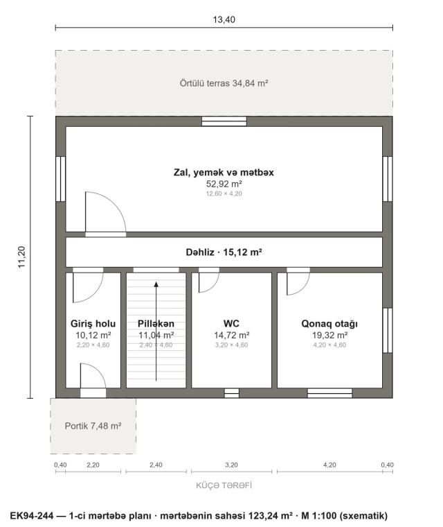 EK94-244 layihəsinin 1-ci mərtəbə planı — 123,24 m²