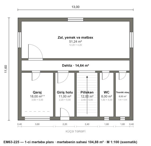 EM63-225 layihəsinin 1-ci mərtəbə planı — 104,88 m²