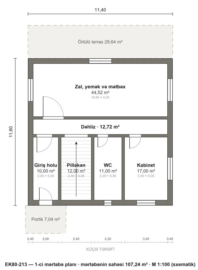EK80-213 layihəsinin 1-ci mərtəbə planı — 107,24 m²