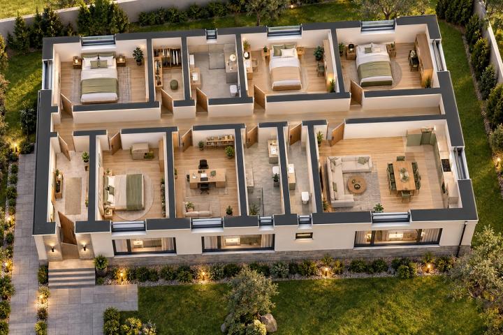 BM97-197 layihəsinin 3D kəsik planı — mebelli otaqlar, vizuallaşdırma