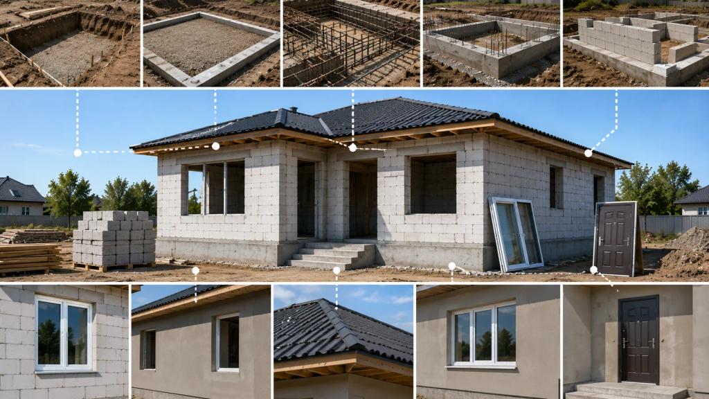 Qaba tikinti mərhələsində birmərtəbəli ev — blok divarlar, dam örtüyü və kürsü; ətrafındakı kadrlarda təməl qazıntısı, beton hazırlıq qatı, armatur karkası, betonlanmış bünövrə, mişar daşı kürsü, plastik pəncərə, fasad suvağı və giriş qapısı