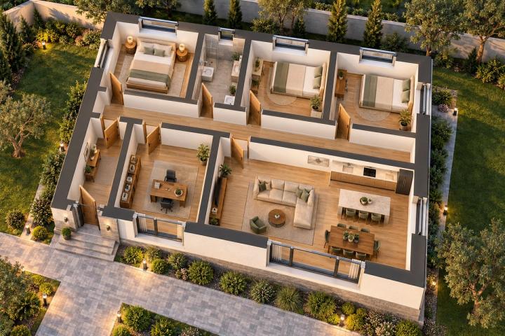 BM63-126 layihəsinin 3D kəsik planı — mebelli otaqlar, vizuallaşdırma