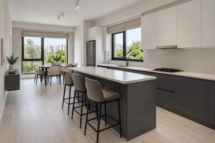 Minimalist üslubunda mətbəx (yeni tikili mənzil, gündüz işığı) — Ekonom təmir paketi, dizayn vizuallaşdırması