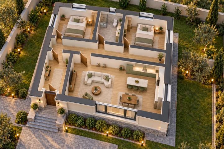 BK35-097 layihəsinin 3D kəsik planı — mebelli otaqlar, vizuallaşdırma